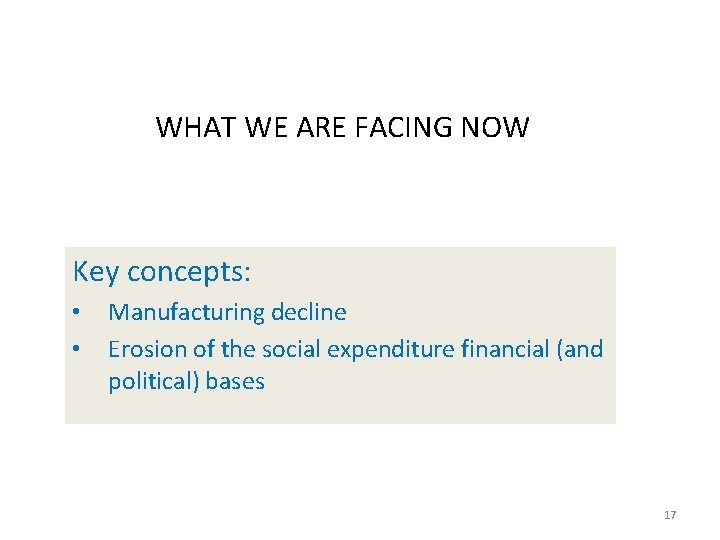 WHAT WE ARE FACING NOW Key concepts: • • Manufacturing decline Erosion of the