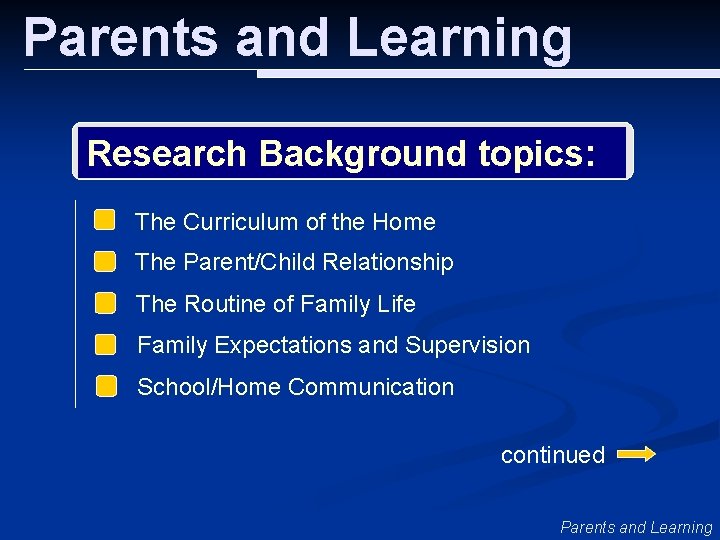 Parents and Learning Research Background topics: The Curriculum of the Home The Parent/Child Relationship