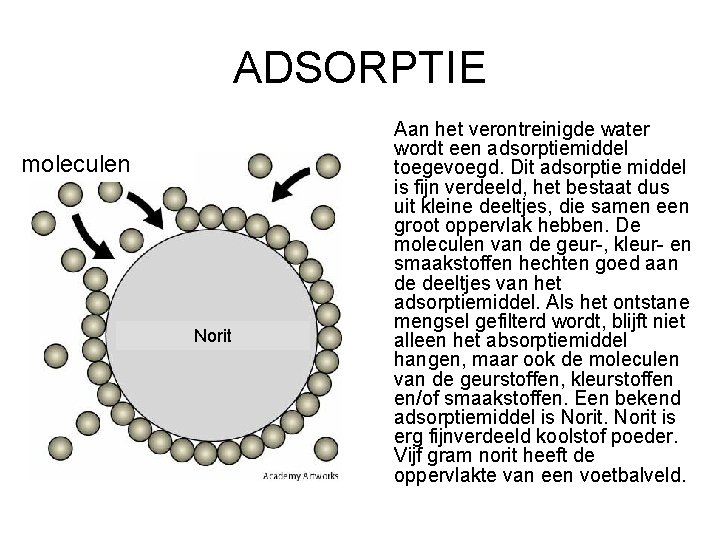 ADSORPTIE moleculen Norit Aan het verontreinigde water wordt een adsorptiemiddel toegevoegd. Dit adsorptie middel