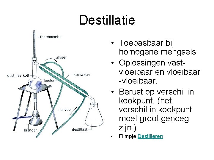 Destillatie • Toepasbaar bij homogene mengsels. • Oplossingen vastvloeibaar en vloeibaar -vloeibaar. • Berust