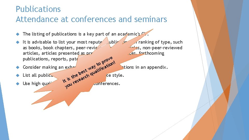 Publications Attendance at conferences and seminars The listing of publications is a key part