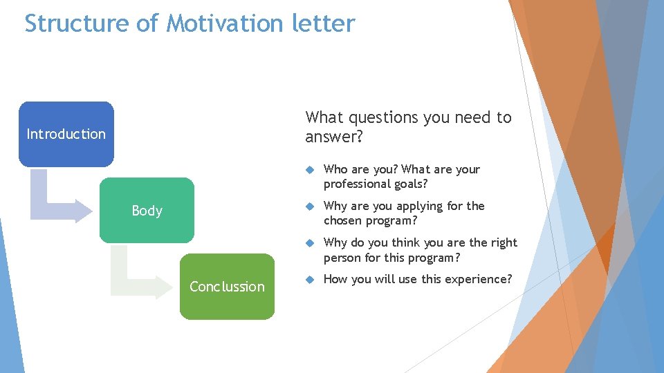 Structure of Motivation letter What questions you need to answer? Introduction Body Conclussion Who