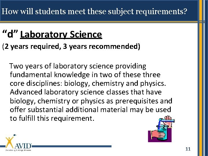 How will students meet these subject requirements? “d” Laboratory Science (2 years required, 3