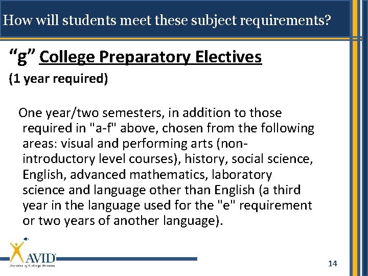 How will students meet these subject requirements? “g” College Preparatory Electives (1 year required)