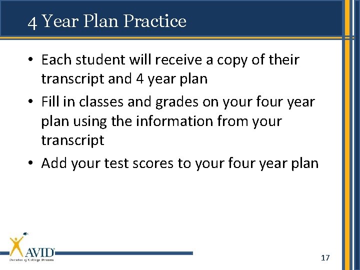 4 Year Plan Practice • Each student will receive a copy of their transcript
