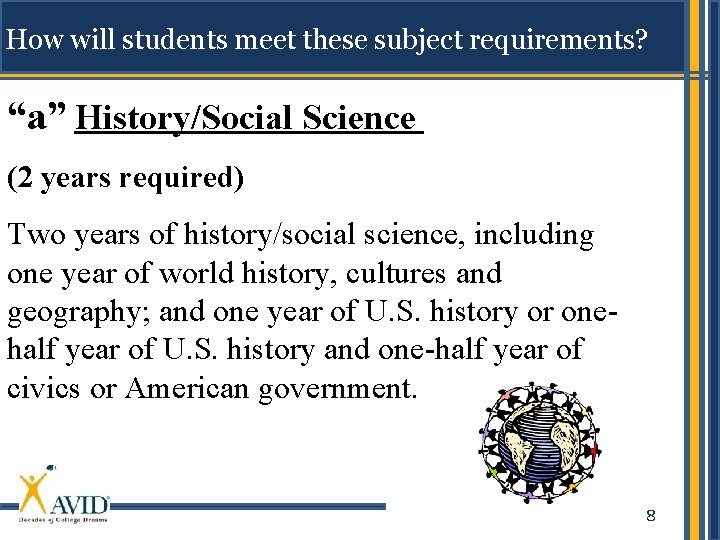 How will students meet these subject requirements? “a” History/Social Science (2 years required) Two