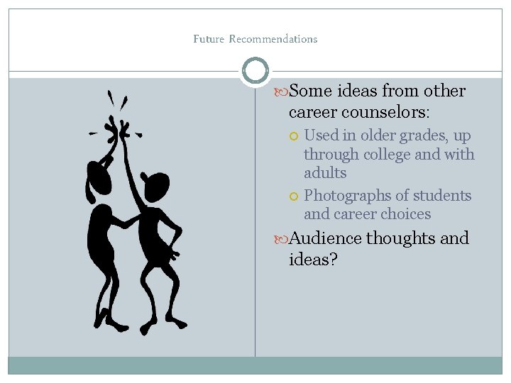 Future Recommendations Some ideas from other career counselors: Used in older grades, up through