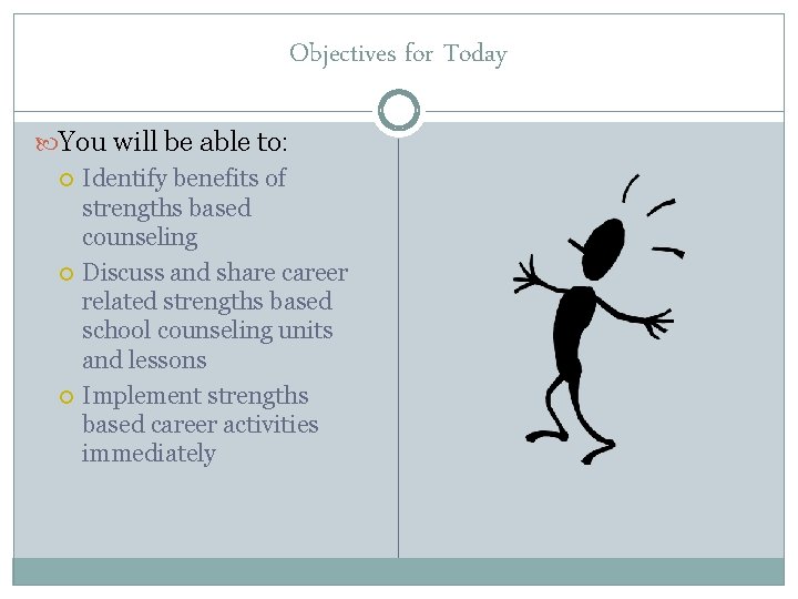 Objectives for Today You will be able to: Identify benefits of strengths based counseling