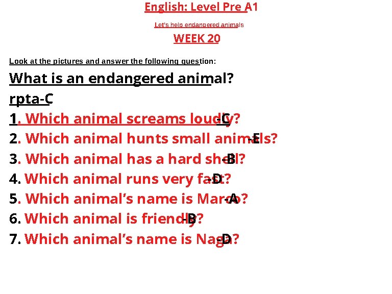 English: Level Pre A 1 Let’s help endangered animals WEEK 20 Look at the