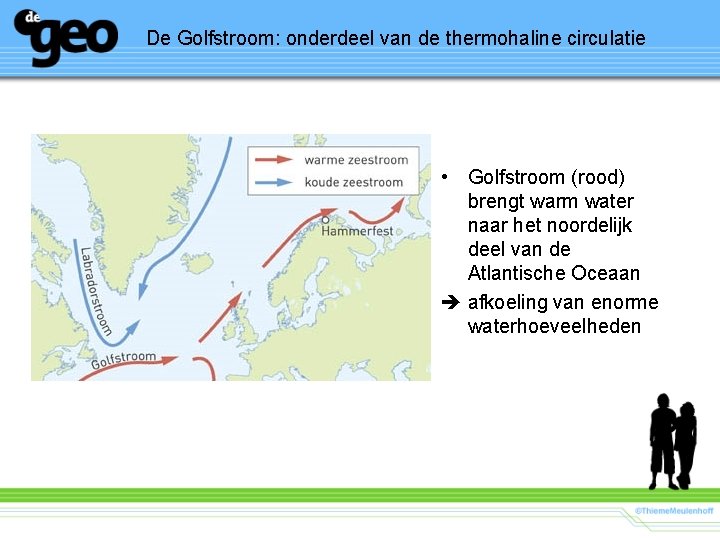 De Golfstroom: onderdeel van de thermohaline circulatie • Golfstroom (rood) brengt warm water naar