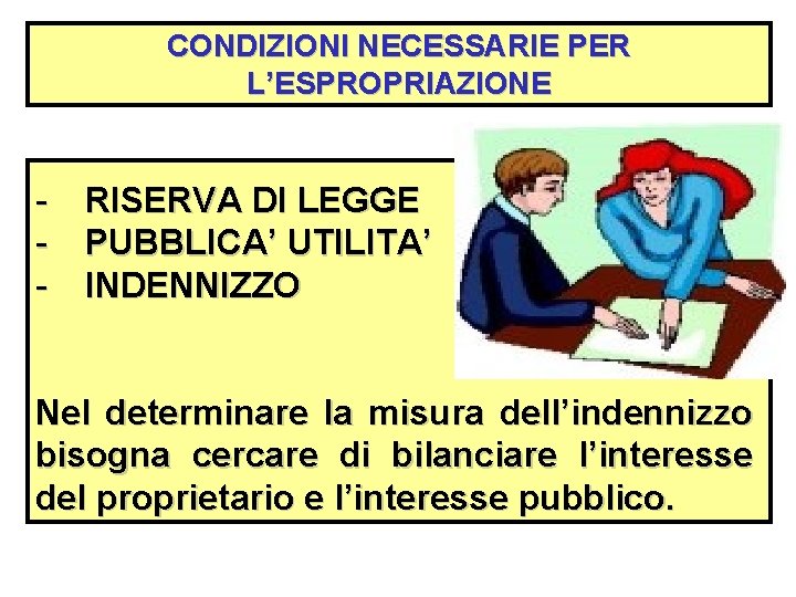 CONDIZIONI NECESSARIE PER L’ESPROPRIAZIONE - RISERVA DI LEGGE PUBBLICA’ UTILITA’ INDENNIZZO Nel determinare la