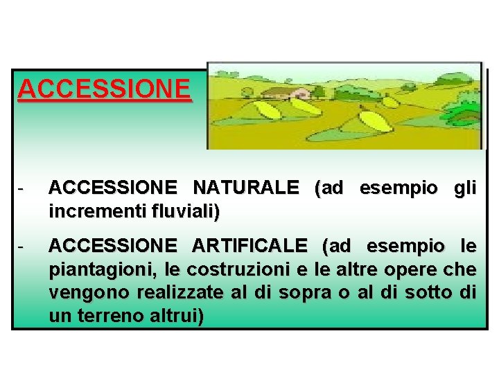 ACCESSIONE - ACCESSIONE NATURALE (ad esempio gli incrementi fluviali) - ACCESSIONE ARTIFICALE (ad esempio