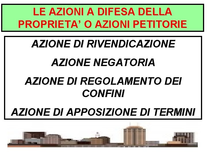 LE AZIONI A DIFESA DELLA PROPRIETA’ O AZIONI PETITORIE AZIONE DI RIVENDICAZIONE NEGATORIA AZIONE