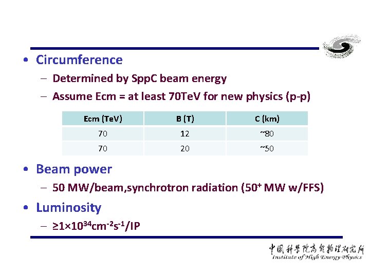  • Circumference – Determined by Spp. C beam energy – Assume Ecm =