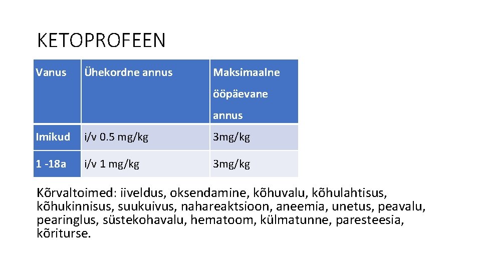 KETOPROFEEN Vanus Ühekordne annus Maksimaalne ööpäevane annus Imikud i/v 0. 5 mg/kg 3 mg/kg