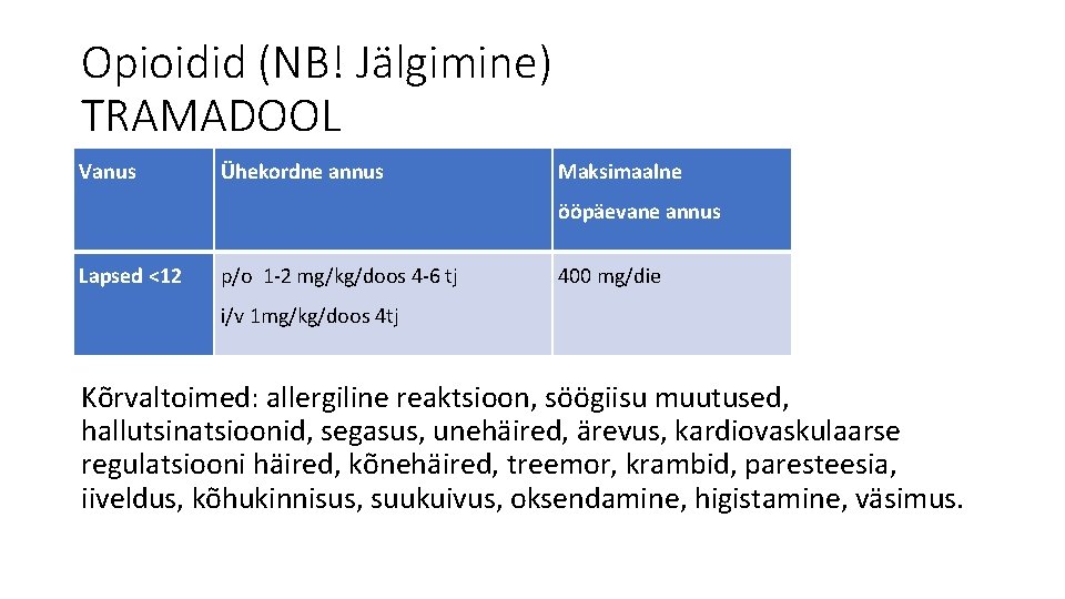 Opioidid (NB! Jälgimine) TRAMADOOL Vanus Ühekordne annus Maksimaalne ööpäevane annus Lapsed <12 p/o 1