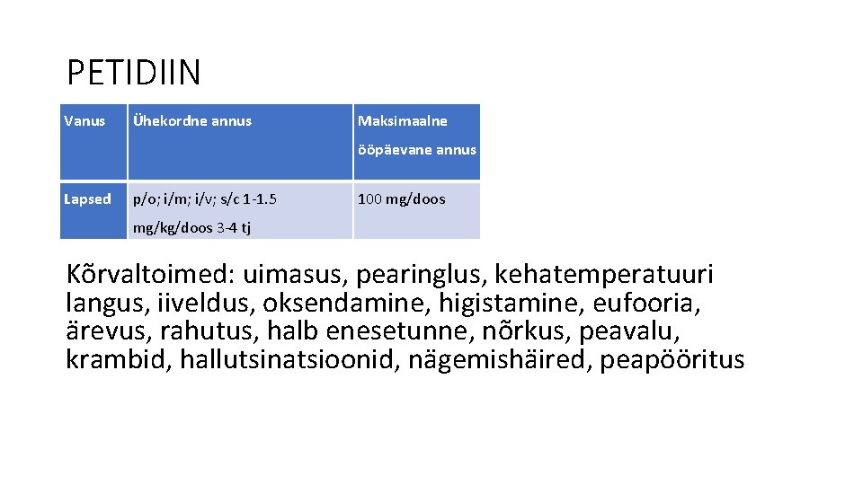 PETIDIIN Vanus Ühekordne annus Maksimaalne ööpäevane annus Lapsed p/o; i/m; i/v; s/c 1 -1.