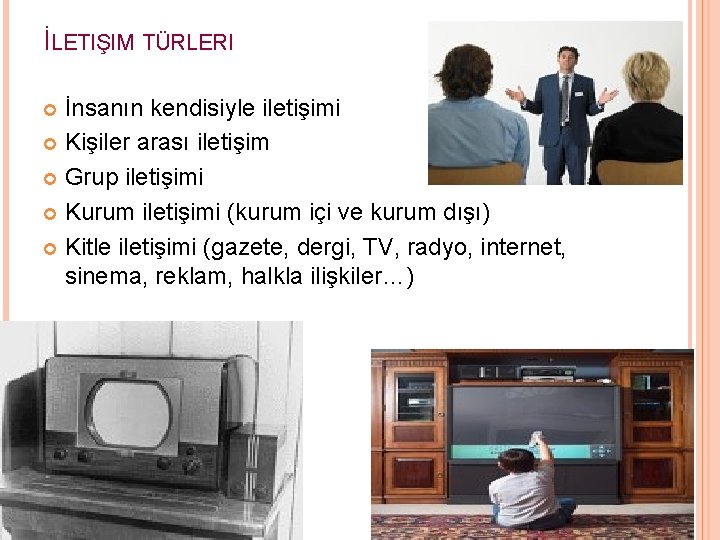 İLETIŞIM TÜRLERI İnsanın kendisiyle iletişimi Kişiler arası iletişim Grup iletişimi Kurum iletişimi (kurum içi