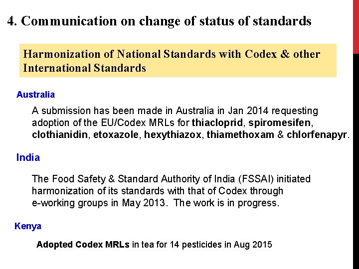 4. Communication on change of status of standards Harmonization of National Standards with Codex 4. Communication on change of status of standards Harmonization of National Standards with Codex