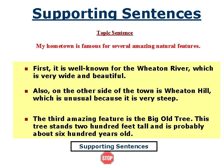 Supporting Sentences Topic Sentence My hometown is famous for several amazing natural features. n
