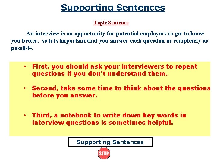 Supporting Sentences Topic Sentence An interview is an opportunity for potential employers to get