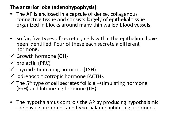 The anterior lobe (adenohypophysis) • The AP is enclosed in a capsule of dense,