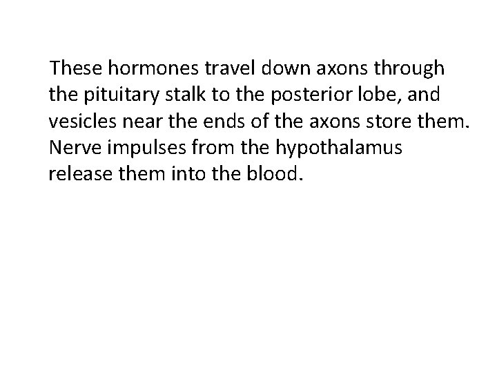  These hormones travel down axons through the pituitary stalk to the posterior lobe,