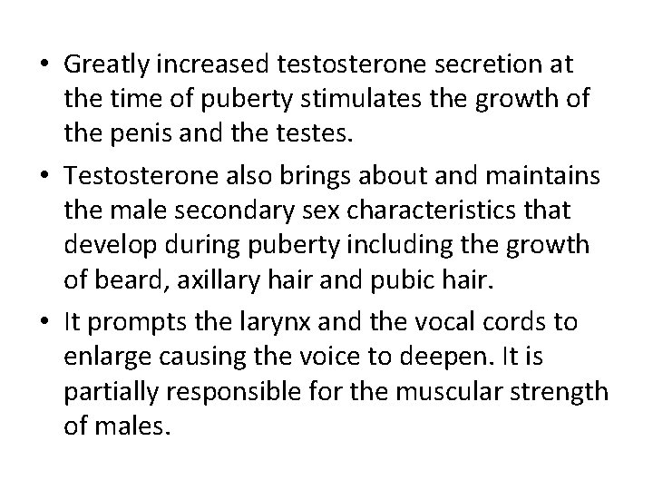  • Greatly increased testosterone secretion at the time of puberty stimulates the growth
