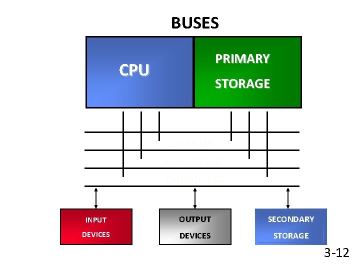 BUSES PRIMARY CPU STORAGE DATA BUS ADDRESS BUS CONTROL BUS INPUT OUTPUT SECONDARY DEVICES
