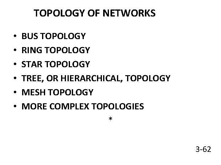 TOPOLOGY OF NETWORKS • • • BUS TOPOLOGY RING TOPOLOGY STAR TOPOLOGY TREE, OR