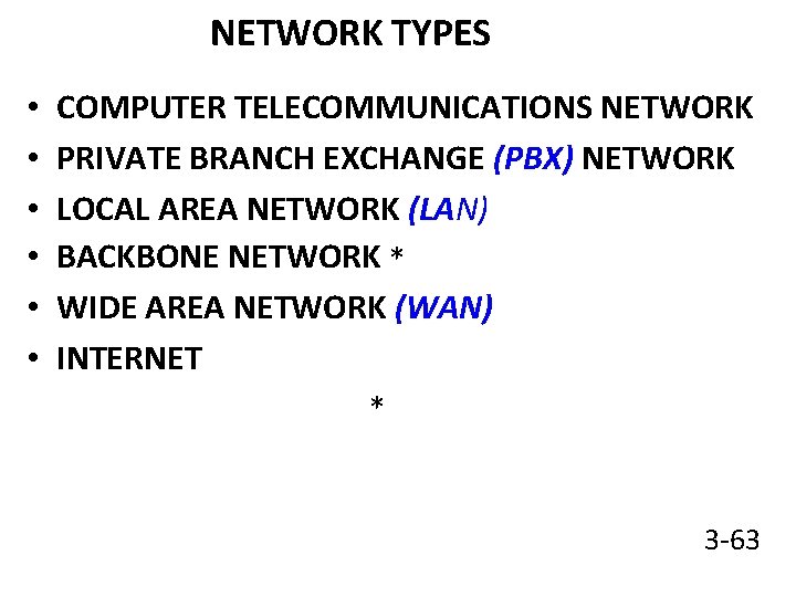 NETWORK TYPES • • • COMPUTER TELECOMMUNICATIONS NETWORK PRIVATE BRANCH EXCHANGE (PBX) NETWORK LOCAL