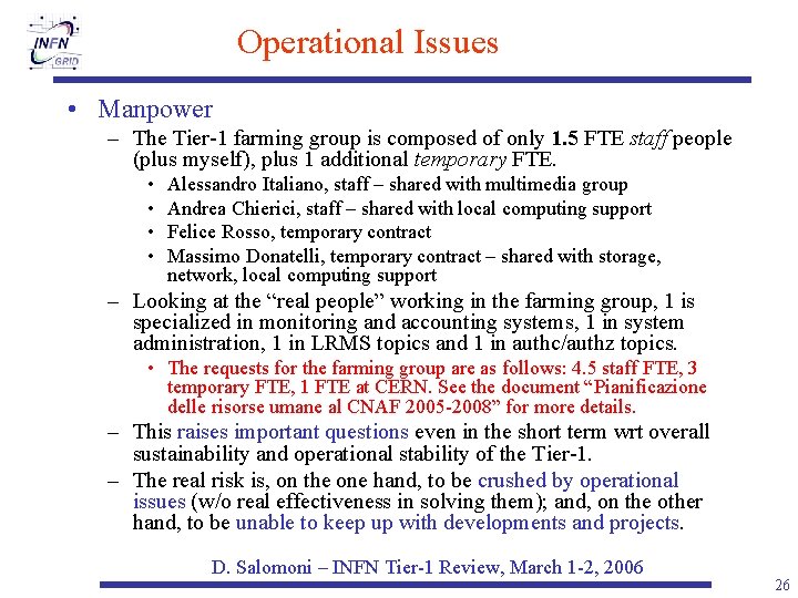 Operational Issues • Manpower – The Tier-1 farming group is composed of only 1.