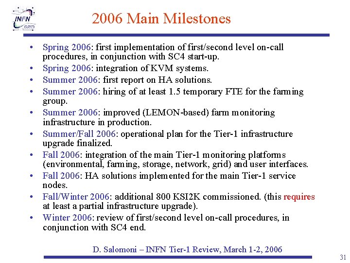 2006 Main Milestones • Spring 2006: first implementation of first/second level on-call procedures, in