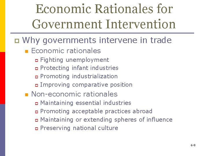 Economic Rationales for Government Intervention p Why governments intervene in trade n Economic rationales