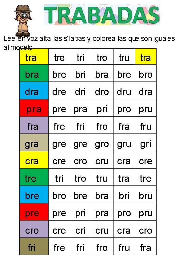Lee en voz alta las sílabas y colorea las que son iguales al modelo
