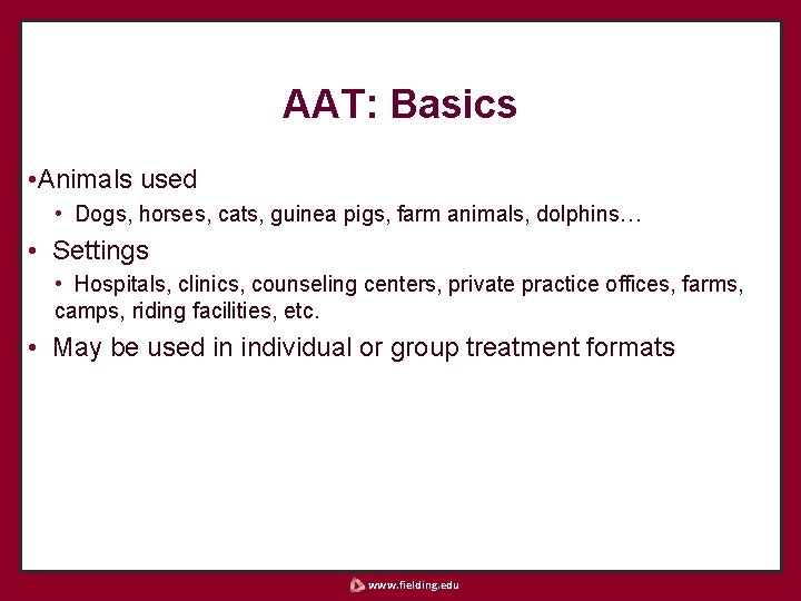 AAT: Basics • Animals used • Dogs, horses, cats, guinea pigs, farm animals, dolphins…