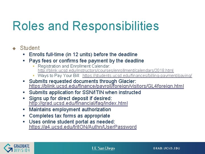 Roles and Responsibilities u Student § Enrolls full-time (in 12 units) before the deadline