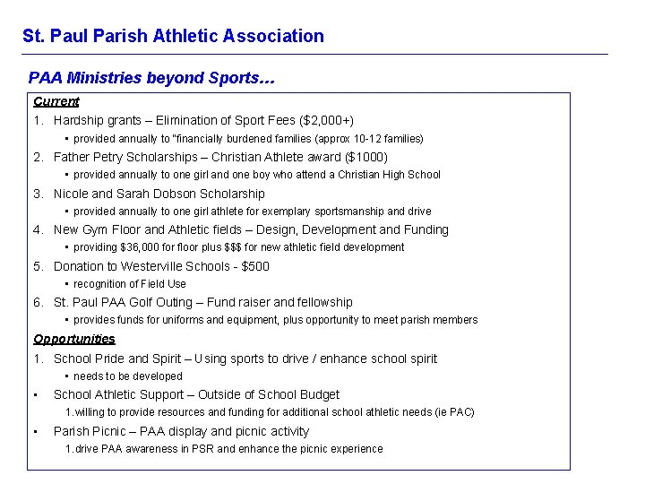 St. Paul Parish Athletic Association PAA Ministries beyond Sports… Current 1. Hardship grants –