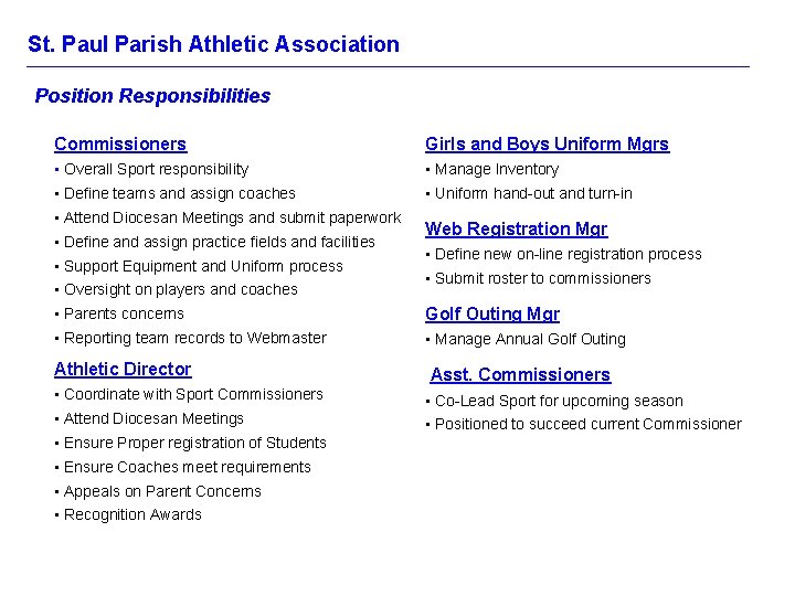 St. Paul Parish Athletic Association Position Responsibilities Commissioners Girls and Boys Uniform Mgrs •