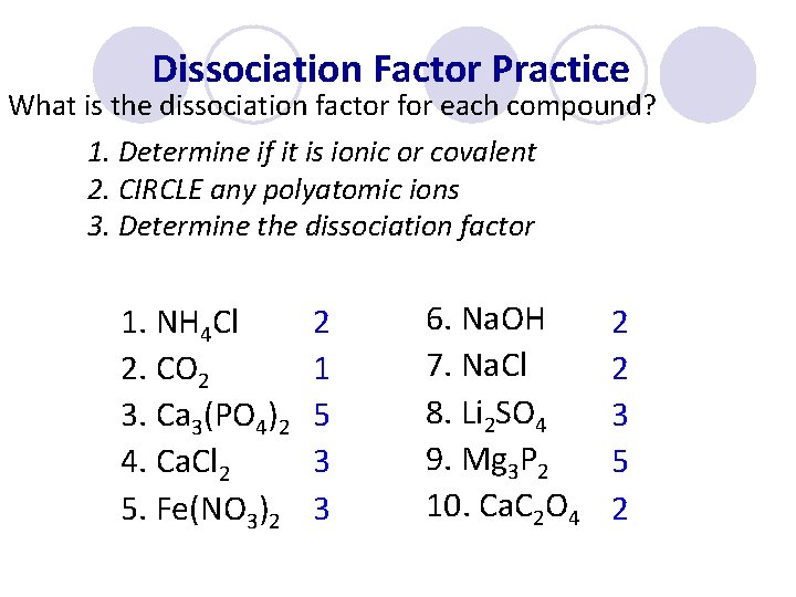 Dissociation Factor Practice What is the dissociation factor for each compound? 1. Determine if