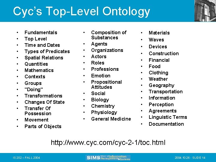 Cyc’s Top-Level Ontology • • • • Fundamentals Top Level Time and Dates Types