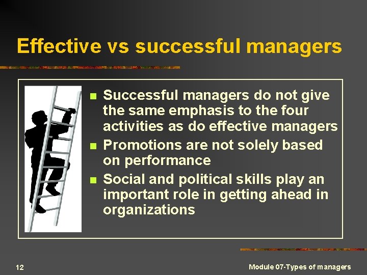 Effective vs successful managers n n n 12 Successful managers do not give the