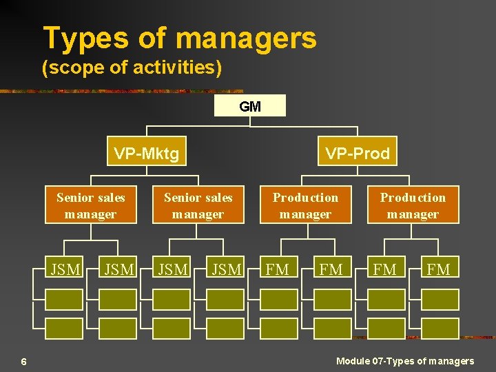 Types of managers (scope of activities) GM VP-Mktg Senior sales manager JSM 6 JSM