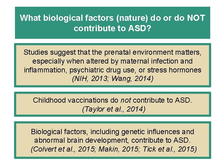 What biological factors (nature) do or do NOT contribute to ASD? Studies suggest that
