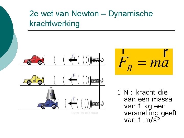 2 e wet van Newton – Dynamische krachtwerking 1 N : kracht die aan
