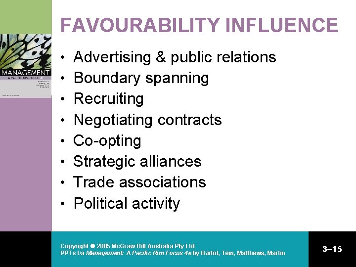 FAVOURABILITY INFLUENCE • • Advertising & public relations Boundary spanning Recruiting Negotiating contracts Co-opting FAVOURABILITY INFLUENCE • • Advertising & public relations Boundary spanning Recruiting Negotiating contracts Co-opting