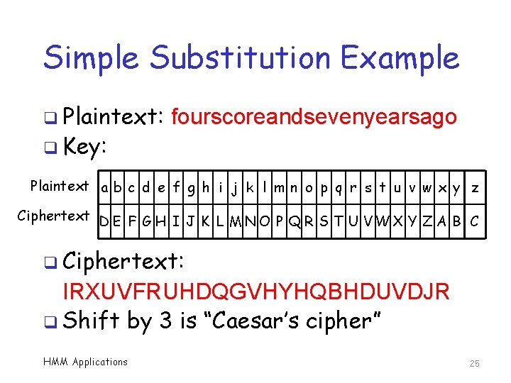 Simple Substitution Example q Plaintext: fourscoreandsevenyearsago q Key: Plaintext a b c d e