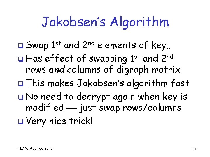 Jakobsen’s Algorithm q Swap 1 st and 2 nd elements of key… q Has