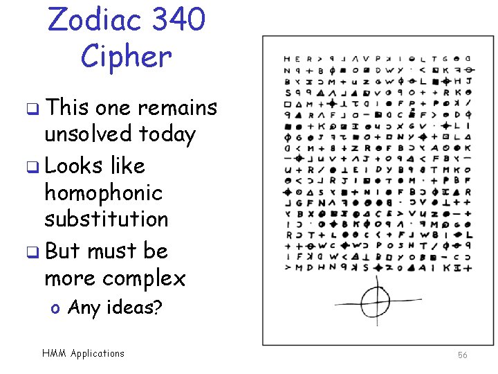 Zodiac 340 Cipher q This one remains unsolved today q Looks like homophonic substitution
