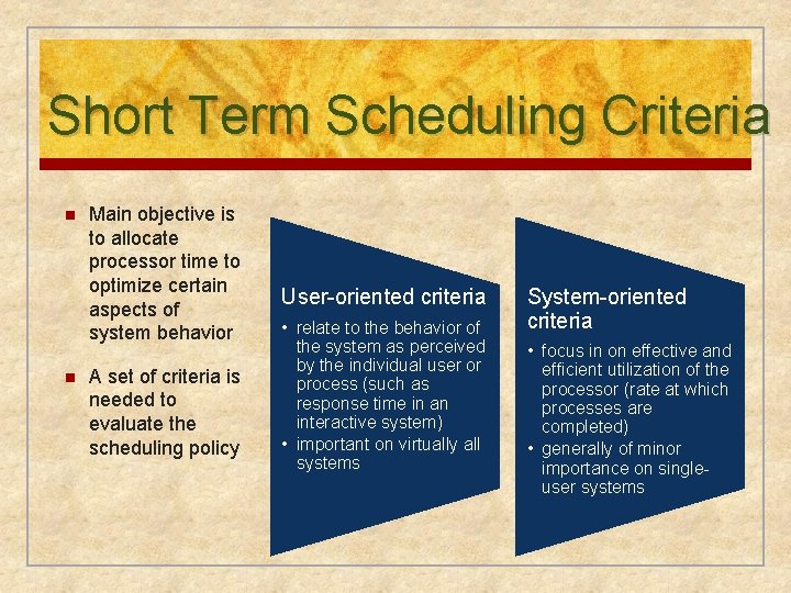 Short Term Scheduling Criteria n n Main objective is to allocate processor time to